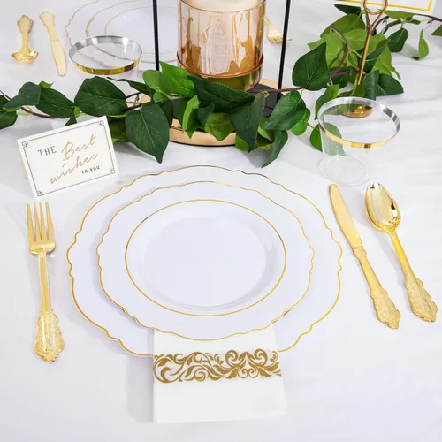 Miniatura 7 de WDF Partyware 350 Piezas de Platos Desechables Dorados para 50 Invitados, Platos de Plástico para Fiesta, Set de Vajilla de 50 Platos de Cena, 50