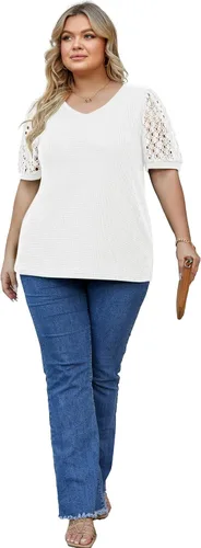 Miniatura 5 de OLRIK Plus Size Tops for Women Summer Blouse Waffle Knit Short Lace Sleeve Shirts