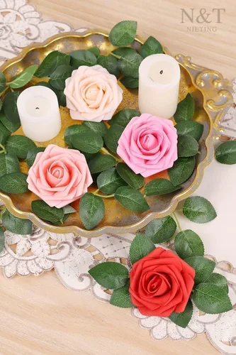 Miniatura 83 de N&T NIETING Flores artificiales, rosas artificiales de color rosa intenso, 50 piezas de flores falsas con tallo para ramos de boda DIY, centros