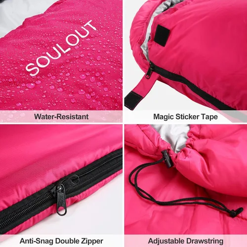 Miniatura 4 de Saco de dormir de 3 a 4 estaciones para adultos y niños, bolsa de camping ligera y cálida para clima frío con saco de compresión impermeable - Rosa