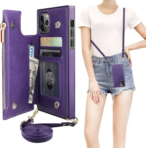 Bocasal Funda tipo cartera cruzada para iPhone 11 Pro con tarjetero, protector de ranura para tarjetas con cremallera, a prueba de golpes, con