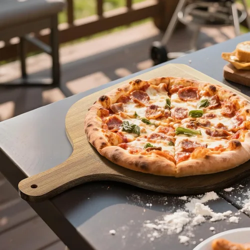 Miniatura 5 de G.a HOMEFAVOR Pala de pizza de madera de acacia, paleta de pizza de 12 x 14 pulgadas con mango de madera, espátula de pizza para hornear