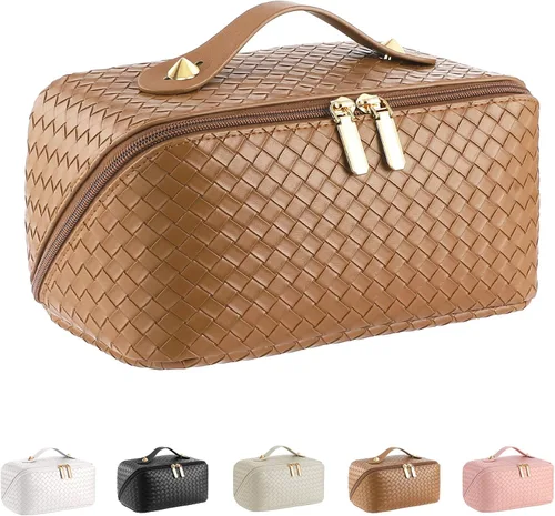 Miniatura 13 de Bolsa de cosméticos de viaje de gran capacidad - Bolsas de maquillaje portátiles para mujeres, impermeable, de cuero PU a cuadros, con organizador