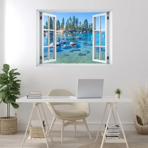 Miniatura 4 de wall26 Adhesivo mural removible para pared, vista de ventana, vibrante temporada de verano, bosque, lago vibrante, naturaleza, desierto, fotografía