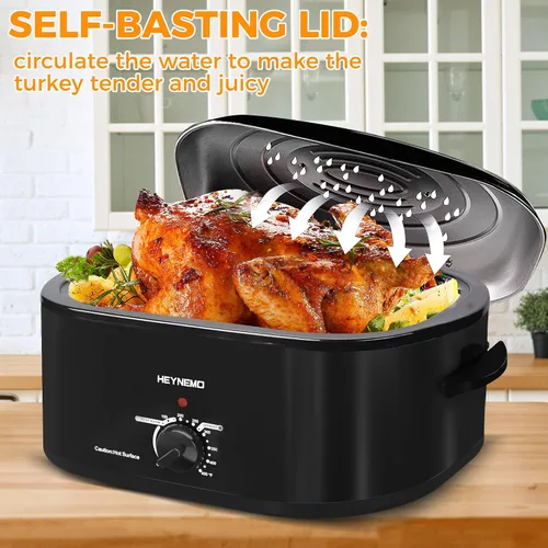 Miniatura 4 de Horno eléctrico, rostizador con tapa de autohumectado, para pavo, con descongelado y mantenimiento de calor, temperatura ajustable, bandeja y Negro