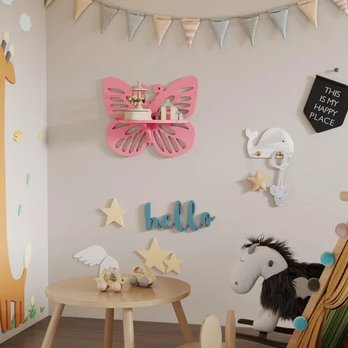 Miniatura 5 de Estante flotante en forma de mariposa rosa para habitación de niña, bonito estante de pared para decoración de guardería, pequeño estante decorativo