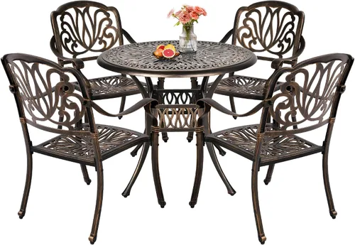 TITIMO Juego de comedor de 5 piezas de aluminio fundido para patio al aire libre, 4 sillas con patrón y mesa redonda de 35.4 pulgadas, juego de Sin
