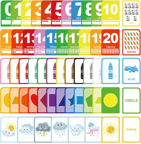 ZazzyKid Tarjetas flash para niños pequeños – 52 tarjetas de doble cara para números, colores, formas y clima – Juguetes de aprendizaje y educación