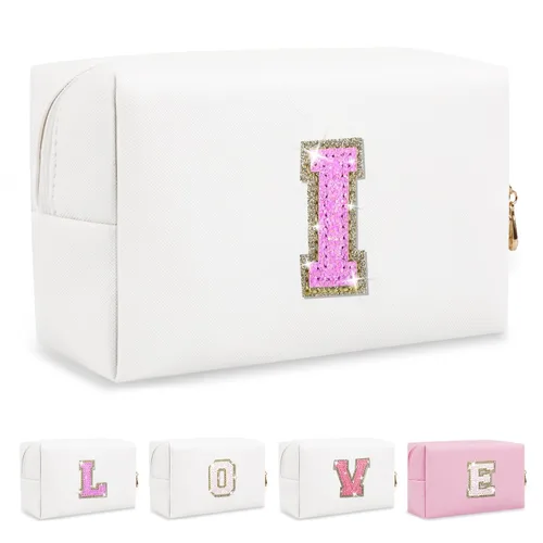 Miniatura 370 de Pequeña bolsa de maquillaje personalizada con inicial A-Z Preppy Patch, bolsa de cosméticos de viaje de felpilla blanca con cremallera, bonita bolsa