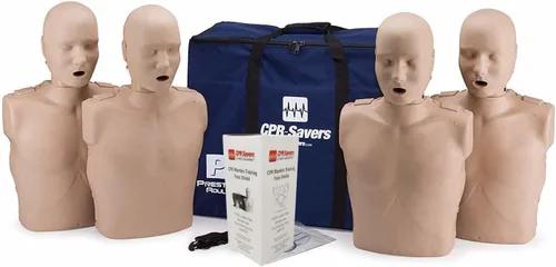CPR Savers Maniquí profesional de entrenamiento de RCP Prestan con monitor de retroalimentación AHA 2019 y protectores faciales (4 adultos, piel