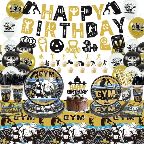 Miniatura 8 de KEFAN Decoraciones de fiesta de gimnasio, paquetes de suministros para fiesta de cumpleaños, levantamiento de pesas, deportes, suministros de fiesta