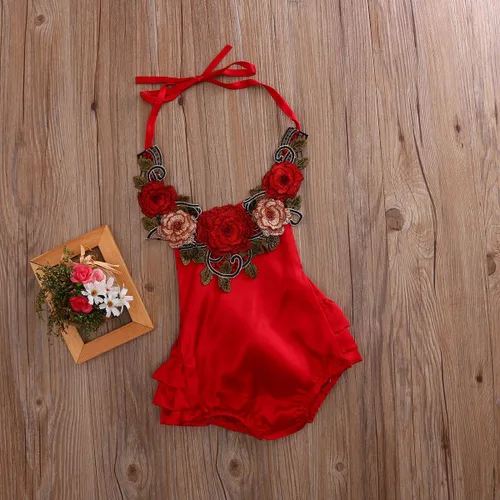 Miniatura 6 de Mrs.Baker'Home Baby Girl 3D Flower Applique Halter Floral Romper,Backless Bodysuit,Ruffle Sunsuit