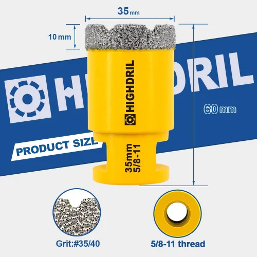 Miniatura 2 de HIGHDRIL Broca de núcleo de diamante, 1-3/8 pulgadas (1.378 in) con rosca de 5/8-11 para azulejos de porcelana, cerámica, granito, mármol, piedra