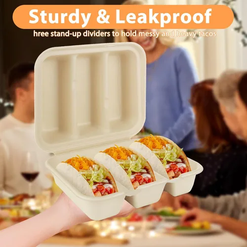 Miniatura 3 de JMIATRY 50 soportes desechables para tacos con tapas, platos desechables para tacos con 3 compartimentos, divisores de fibra de pulpa, desechables