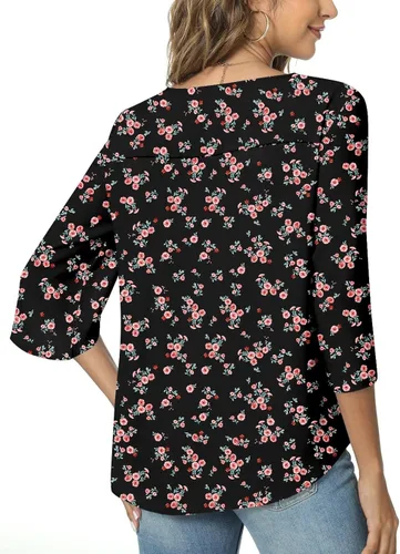 Miniatura 3 de TAOHUADAO Womens 2023 Casual V-Neck Loose Tunic Top for leggings 34 Sleeve Chiffon Blouse Shirt Red Flower Black Tops