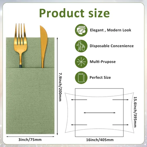 Miniatura 2 de Cindeer 150 piezas de servilletas de cena verde salvia con sensación de lino, bolsillo plano incorporado, servilletas de mano desechables de papel