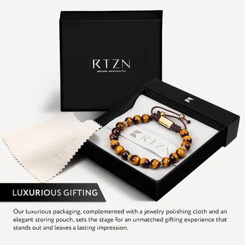 Miniatura 5 de RTZN Pulsera de ojo de tigre para hombre Pulseras artesanales de primera calidad hechas a mano 100% auténticas con cuentas de ojo de tigre dorado