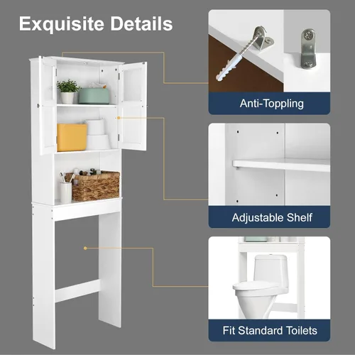 Miniatura 5 de Bonnlo Armario de almacenamiento sobre el inodoro con estante ajustable, organizador de suelo de baño blanco, ahorro de espacio con puertas dobles