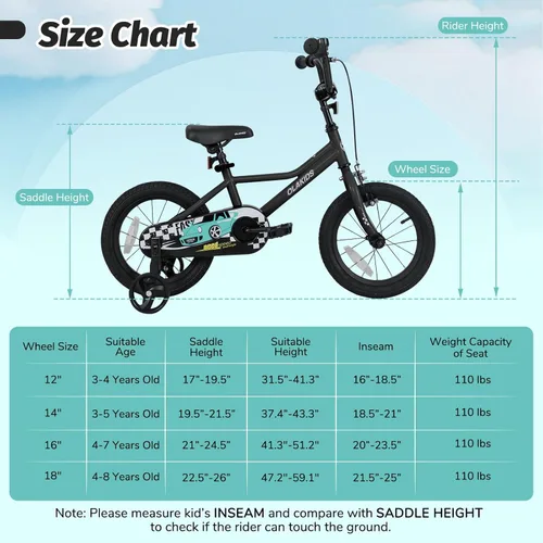 Miniatura 7 de Olakids Bicicleta para niños, 12, 14, 16, 18 pulgadas, con ruedas de entrenamiento, asiento ajustable y manillar, freno y freno de mano, bicicleta