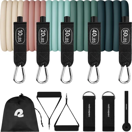 Retrospec Juego de Bandas de Resistencia para Entrenar - 5 Bandas Apilables, Asas y Anclaje de Puerta - Equipo de Fitness Portátil para Terapia