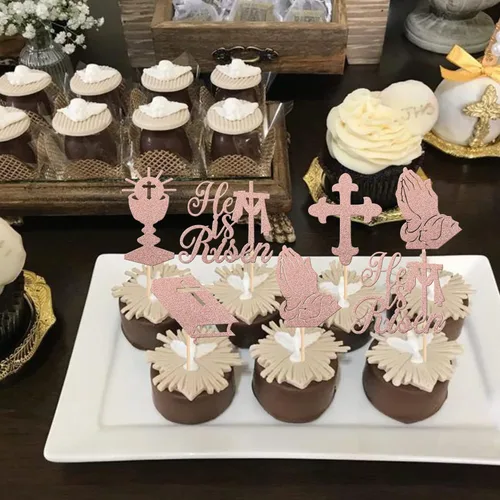 Miniatura 7 de 30 piezas de decoración para magdalenas de Pascua con purpurina de cruz religiosa He is resucitado para cupcakes de la Santa Biblia, Dios bendiga