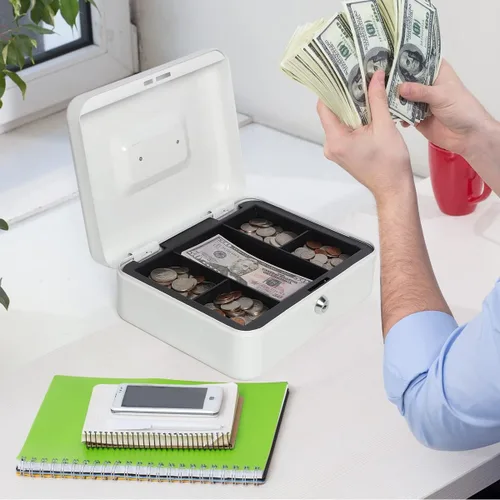 Miniatura 7 de Caja de dinero con bandeja de dinero y cerradura, caja de dinero de metal para efectivo, caja de seguridad 9.84 x 7.87 x 3.54 pulgadas, color blanco
