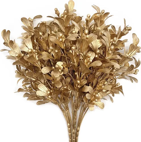 Miniatura 18 de CATTREE Plantas artificiales para decoración de Navidad, hierba de plástico dorado, hojas falsas, arbustos de simulación para interiores y Hojas