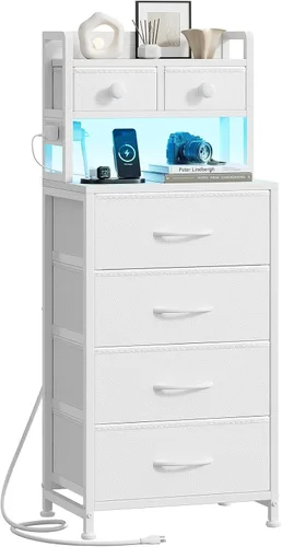 Miniatura 12 de REAHOME Mesita de noche de 41 pulgadas de alto con estación de carga, mesita de noche LED con 6 cajones de tela, mesa auxiliar de cama con estantes