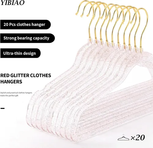 Miniatura 2 de 20 perchas con purpurina roja, perchas acrílicas ultrafinas con purpurina para vestidos y trajes, antideslizantes, ahorran espacio (rojo)