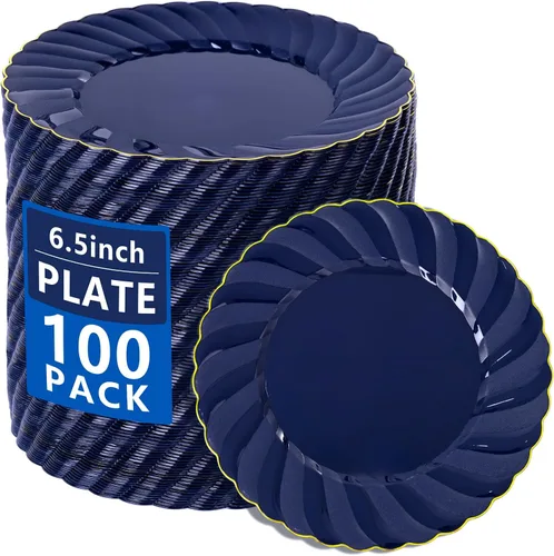 YOUBET Paquete de 100 platos de plástico festoneado azul, platos desechables azul marino de 6.5 pulgadas, elegante plato de postre vintage de alta