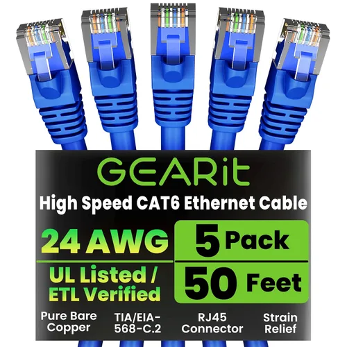 Miniatura 50 de Paquete de Cable Ethernet Cat 6 GEARit - Pack de 10 cables de conexión Ethernet Cat6 de 15 pies Cable de conexión de red RJ45, conectores dorados