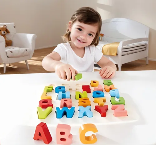 Miniatura 2 de Hape Rompecabezas de aprendizaje de bloques del alfabeto, letras ABC de madera, tablero de juguete educativo colorido para niños pequeños y niños