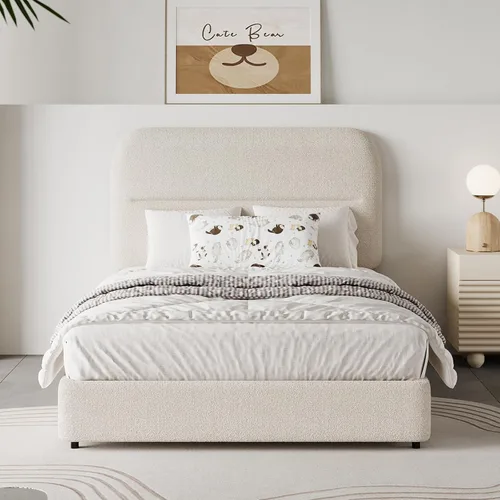 Miniatura 11 de HOMBCK - Base de cama tapizada de tejido bouclé con cabecera suave con diseño de esquinas redondeadas, listones de madera, no requiere somier, fácil