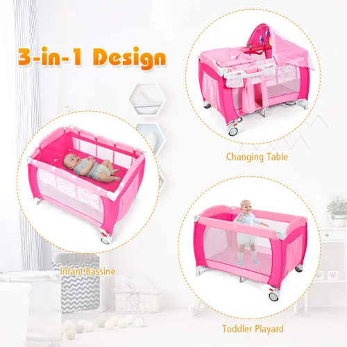 Miniatura 4 de Costzon 4 en 1 rosa Pack and Play con moisés, corralito portátil para bebé con toldo ajustable, entrada con cremallera lateral, caja de música