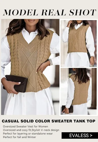 Miniatura 7 de EVALESS - Chaleco de gran tamaño para mujer, cuello en V, sin mangas, color sólido, suéter suelto