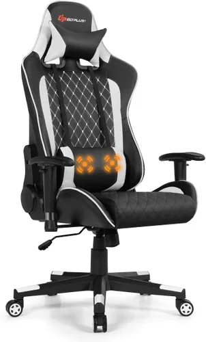 Miniatura 9 de Goplus Silla de juegos de masaje, respaldo reclinable, pasamanos y ajuste de altura del asiento, silla de oficina para computadora de carreras