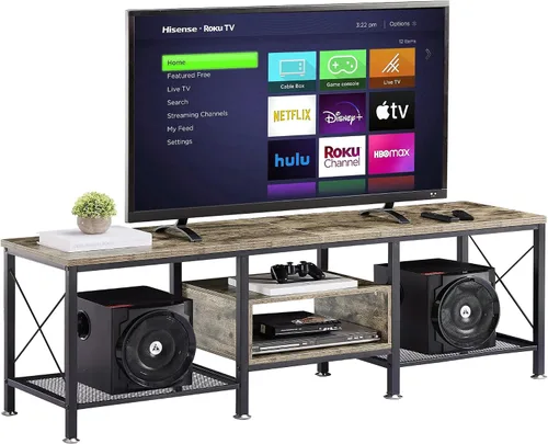 Miniatura 12 de VECELO Soporte de TV industrial para gabinete de televisión de 70 pulgadas, consola de 3 niveles con estantes de almacenamiento abiertos, marco