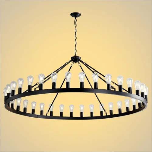 Miniatura 16 de Candelabro de dos niveles en negro, rueda de vagón grande, 54 luces, lámpara colgante de granja redonda de 152 cm, iluminación rústica para comedor