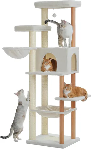 Miniatura 7 de PAWZ Road Árbol Grande para Gatos, Torre de Madera para Gatos de 73 Pulgadas de Alto con 2 Hamacas Espaciosas, 2 Camas Superiores Grandes, 8 Postes