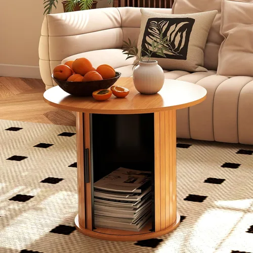 COSVALVE Mesa de Café Redonda de Madera 60CM con Almacenamiento Oculto y Puerta Deslizante, Conjunto de Mesas Auxiliares Circulares de Estilo Granja