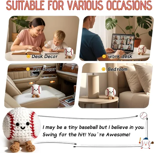 Miniatura 7 de Regalos positivos de ganchillo de béisbol para niños, hombres, papá, muñeca de punto inspiradora con tarjeta de aliento y llavero de caja, divertida