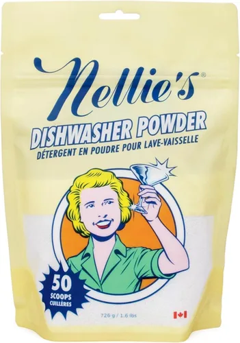 Nellie's Polvo para lavavajillas – 50 cargas – Detergente para lavavajillas a base de plantas – Seguro para sépticos, sin fragancia, penetra