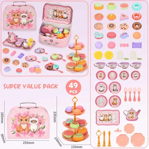 Miniatura 2 de Lajeje Juego de fiesta de té de gato para niños pequeños y niñas de 3 a 6 años, juguete de simulación y regalo de cumpleaños, incluye juego de té