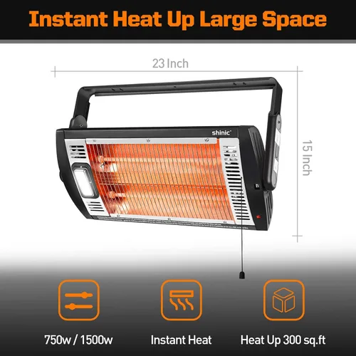 Miniatura 3 de shinic Calentadores eléctricos de garaje para uso en interiores, calentador de cuarzo radiante montado en el techo de 1500 W/750 W con luz