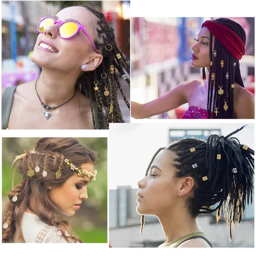 Miniatura 2 de Nafaboig 200 cuentas de cabello para trenzas, joyería Loc para cabello, accesorios de rastas, clips de metal dorado y plateado, espirales, anillos