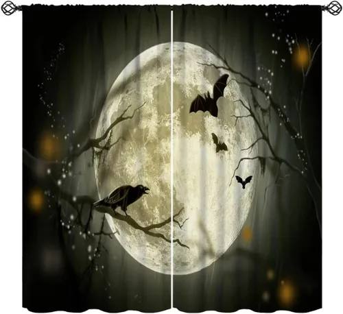 Cortinas de luna llena de Halloween, gótica, noche de Halloween, estampado de murciélago negro, cuervo, tratamiento de ventana para el hogar, niños,