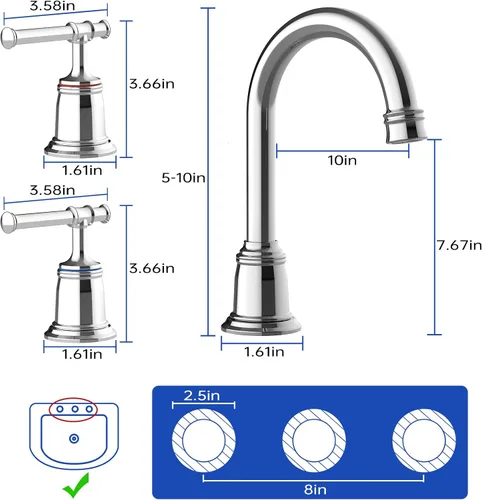 Miniatura 7 de Grifo clásico de baño de 8 pulgadas, grifos de baño para fregadero de 3 agujeros, grifo de baño de níquel cepillado generalizado con drenaje Cromo
