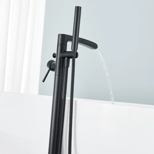 Miniatura 5 de Wowkk Grifo de Bañera Cascada Independiente Negro Montaje en Piso Relleno de Tina de Latón Grifo de Baño de Una Sola Manija con Ducha de Mano