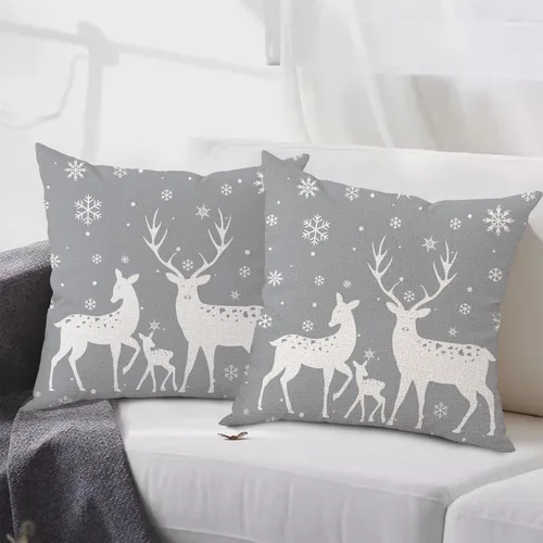 Miniatura 2 de Juego de 2 fundas de almohada de Navidad grises de 18 x 18 pulgadas, juego de 2 fundas cuadradas decorativas de lino con copos de nieve de ciervos