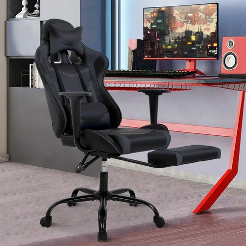 Miniatura 8 de Silla para videojuegos, silla reclinable de piel sintética con soporte lumbar, reposacabezas y respaldo alto, silla de oficina de carreras, silla